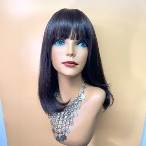 16”Black Straight Curved BottomBangs Synthetic Wig